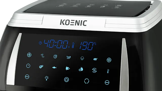 Freidora de aire negra y plateada con pantalla digital que muestra 40:00 y 190 grados. Tiene botones táctiles azules.