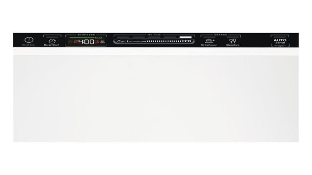 Panel de control de un lavavajillas blanco con pantalla digital negra. Incluye ajustes como "Rápido", "ECO" y un temporizador iluminado.