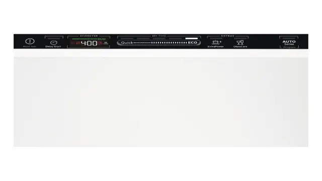 Panel de control de un lavavajillas blanco con pantalla digital negra. Incluye ajustes como "Rápido", "ECO" y un temporizador iluminado.