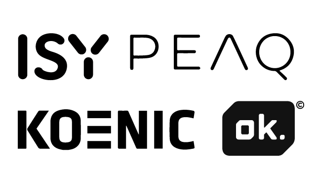 Logotipos en negro sobre fondo blanco: "ISY PEAQ", "KOENIC" y un recuadro con "ok.".