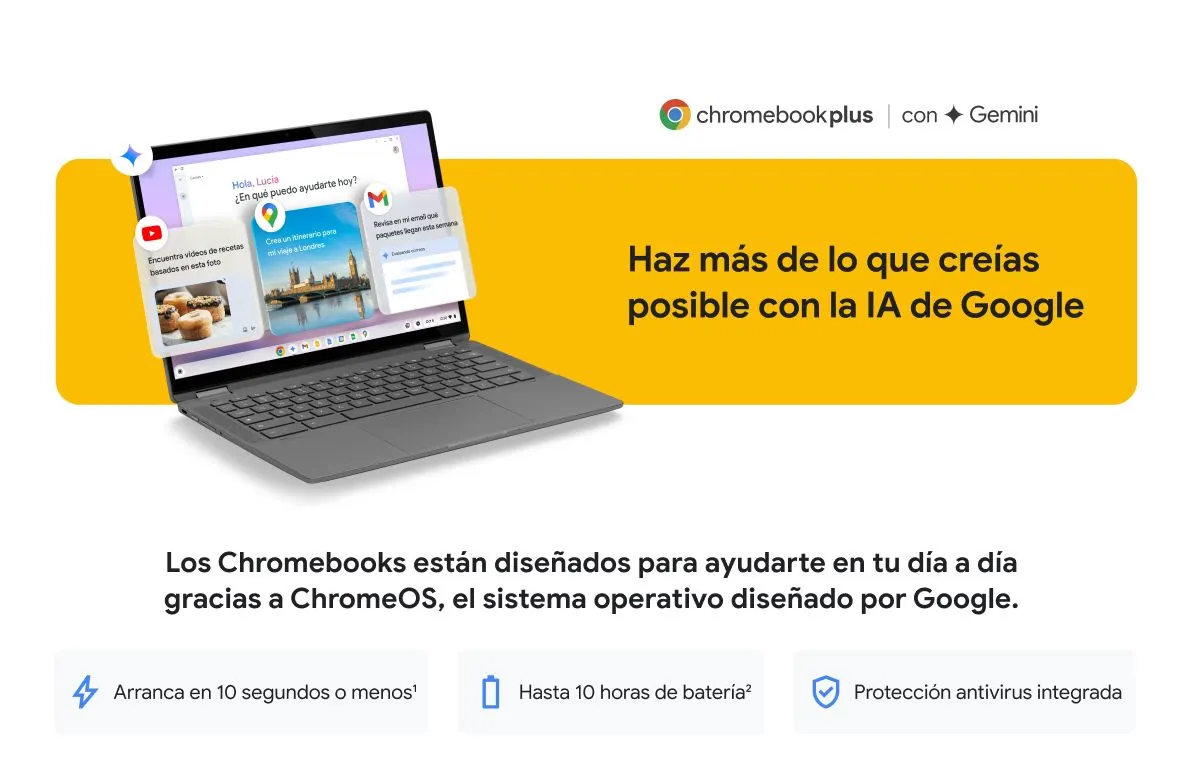 Portátil gris abierto sobre fondo amarillo, mostrando una interfaz con vídeos y mensajes emergentes. Texto promocional de Chromebook.