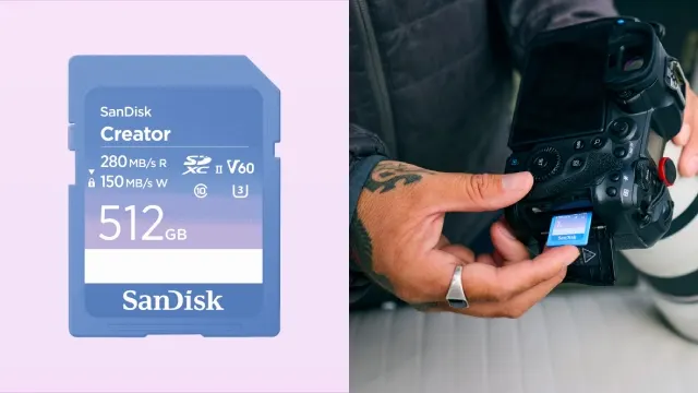 una persona con una tarjeta microsd sandisk creator para almacenar desde una cámara profesional