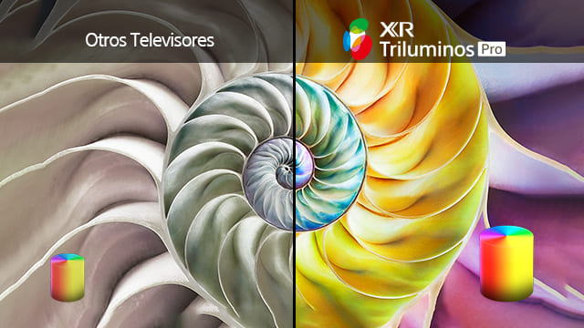 Una espiral dividida: un lado grisáceo con texto, otro lado vibrante con amarillo, azul y morado. Un logo "XR Triluminos Pro" arriba.