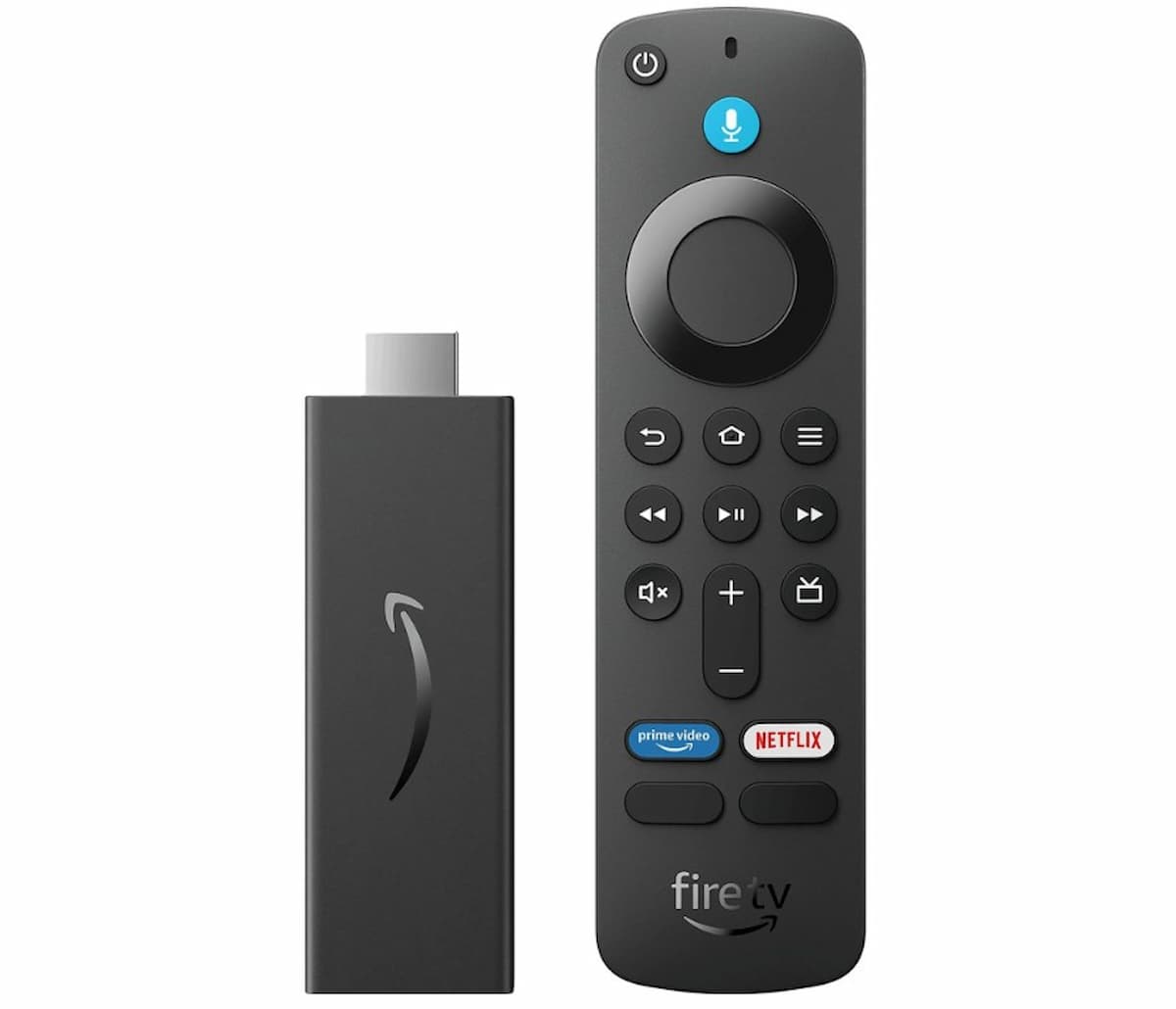 Fire TV Stick y mando negro vistos de frente.