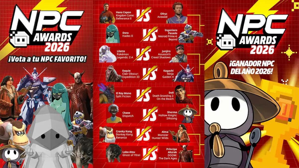 Collage de los NPC Awards 2026 con bracket de nominados y personaje ganador en grande.