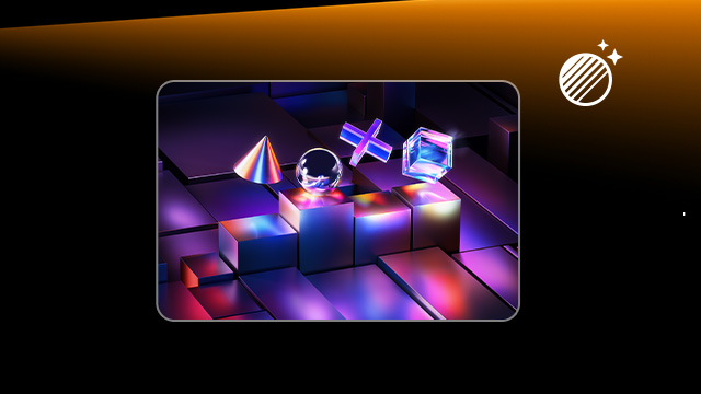 Cono, esfera, cruz y cubo sobre cubos escalonados. Destellos de luz morada, azul y roja. Fondo degradado de negro a naranja.