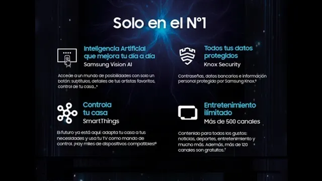 Imagen con texto sobre beneficios: inteligencia artificial Samsung Vision AI, Knox Security, controla tu casa con SmartThings y más de 500 canales de entretenimiento.