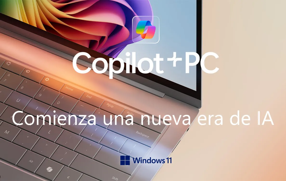 Un portátil abierto muestra la pantalla con el logo de Copilot y el texto "Comienza una nueva era de IA" sobre un teclado gris.