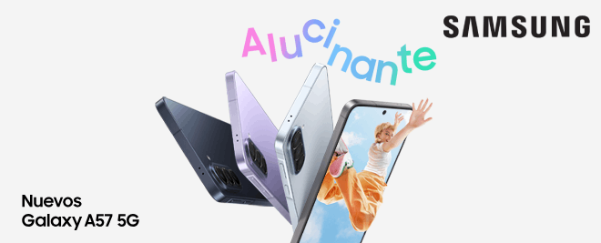 Samsung Galaxy con la app de compras abierta, ropa y accesorios flotando alrededor y logo Samsung sobre fondo blanco.