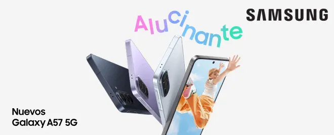 Samsung Galaxy con la app de compras abierta, ropa y accesorios flotando alrededor y logo Samsung sobre fondo blanco.