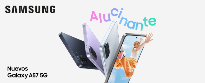 Samsung Galaxy con la app de compras abierta, ropa y accesorios flotando alrededor y logo Samsung sobre fondo blanco.