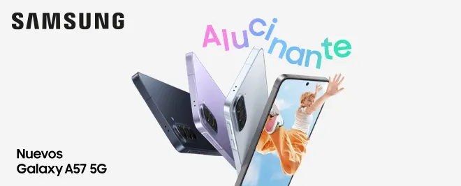 Samsung Galaxy con la app de compras abierta, ropa y accesorios flotando alrededor y logo Samsung sobre fondo blanco.