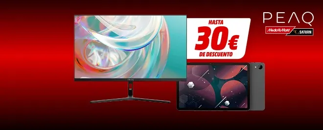 Oferta PEAQ: monitor y tablet sobre fondo rojo con rótulo blanco que anuncia hasta 30 € de descuento MediaMarkt y Saturn.