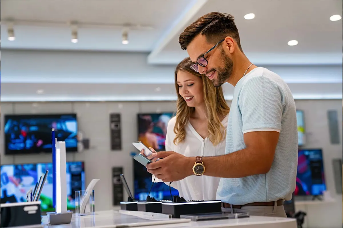 Una pareja mira teléfonos en una tienda. El hombre tiene gafas, camisa azul y reloj dorado. Hay pantallas de televisión al fondo.