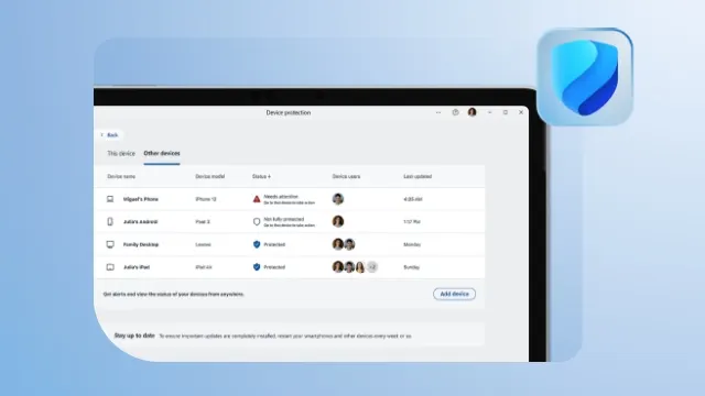 Pantalla de Microsoft Defender mostrando dispositivos y alertas de seguridad; icono de la app en la esquina sobre fondo azul.