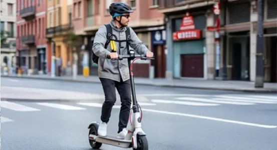 Hombre con un patiente eléctrico circulando por una ciudad