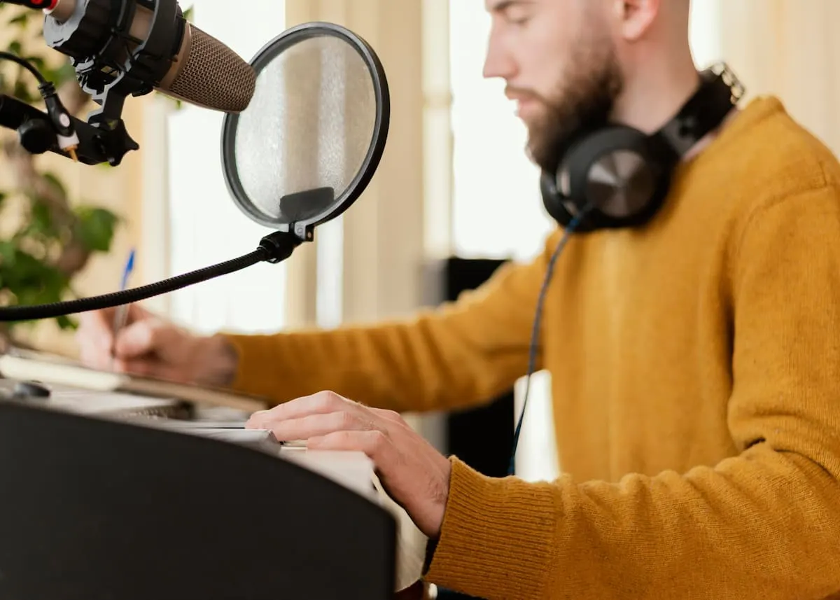 Hombre grabando podcast con micrófono y auriculares.