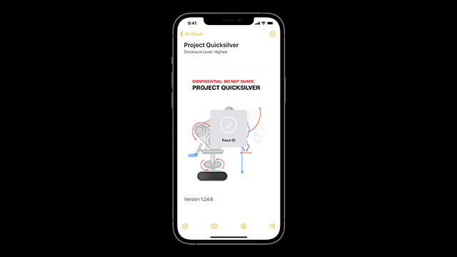 Un teléfono muestra una pantalla con el texto "Project Quicksilver" y un diagrama de Face ID en un soporte.