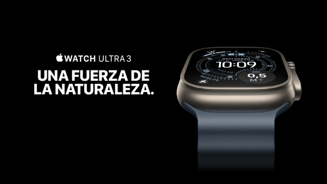Banner del Apple Watch Ultra 3: reloj en primer plano a la derecha con la esfera encendida y correa azul sobre fondo negro; texto “Una fuerza de la naturaleza”.