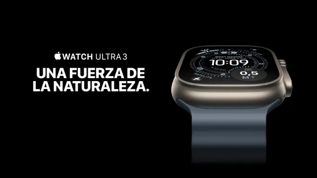 Banner del Apple Watch Ultra 3: reloj en primer plano a la derecha con la esfera encendida y correa azul sobre fondo negro; texto “Una fuerza de la naturaleza”.