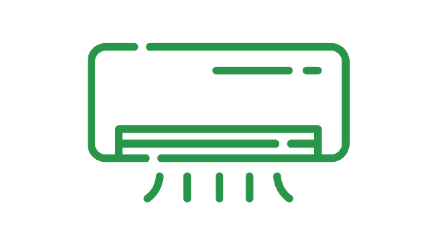 Un icono verde delineado muestra un acondicionador de aire rectangular con rejillas y flujo de aire simbolizado por trazos verticales.