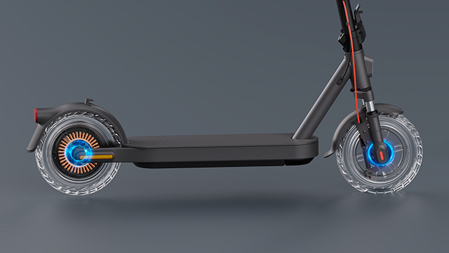 Vista lateral del patinete eléctrico con detalle iluminado del sistema de frenos en ambas ruedas.