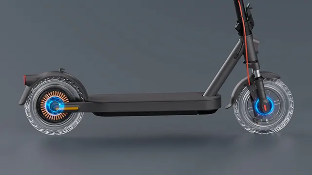 Vista lateral del patinete eléctrico con detalle iluminado del sistema de frenos en ambas ruedas.