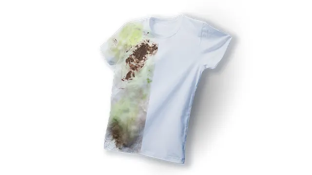 Una camiseta dividida en dos partes, en la mitad izquierda puede verse la camiseta manchada y en la mitad derecha limpia.