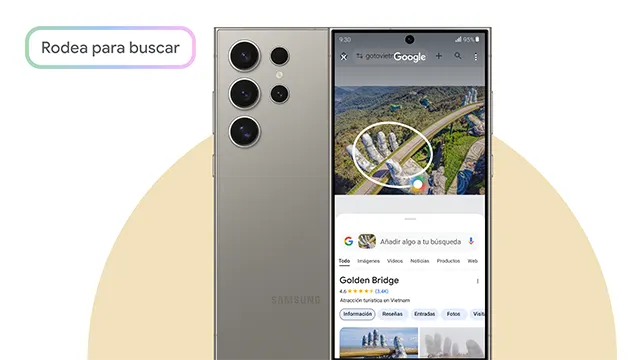 Un teléfono gris muestra la búsqueda de Google del Puente Dorado. Se ha dibujado un círculo en la pantalla alrededor del puente.
