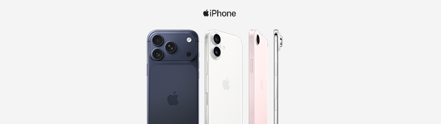 Varios modelos iPhone en colores azul marino, blanco, rosa y plateado desde diferentes ángulos