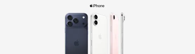 Varios modelos iPhone en colores azul marino, blanco, rosa y plateado desde diferentes ángulos