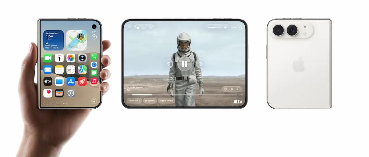 iPhone Duo en tres vistas: cerrado con widgets en la mano, abierto reproduciendo un video en Apple TV, y de espalda mostrando la cámara doble.