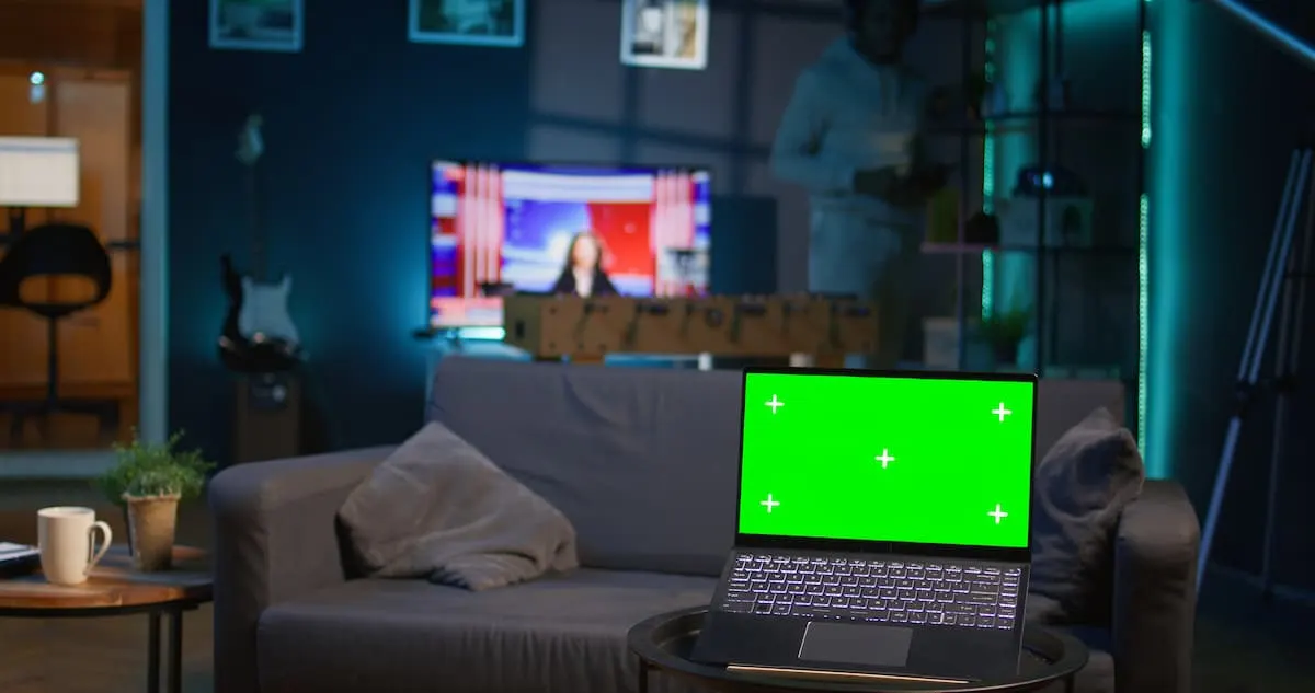 Portátil con pantalla verde frente a televisor encendido en sala moderna.