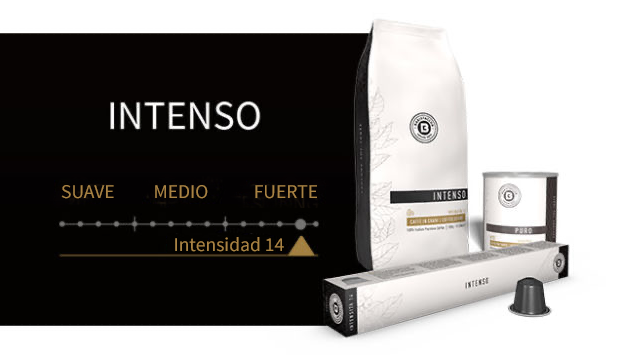 Muestra empaques de café "Intenso": bolsa, lata, caja con cápsulas y una cápsula individual. Intensidad marcada en nivel 14.