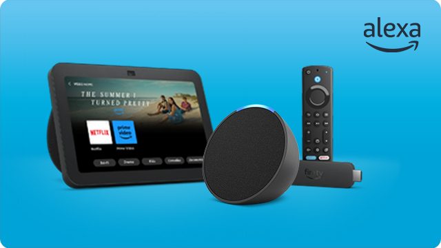 Un tablet, un altavoz redondo, un mando a distancia y un dispositivo de streaming negros sobre un fondo azul brillante.