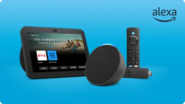 Un tablet, un altavoz redondo, un mando a distancia y un dispositivo de streaming negros sobre un fondo azul brillante.