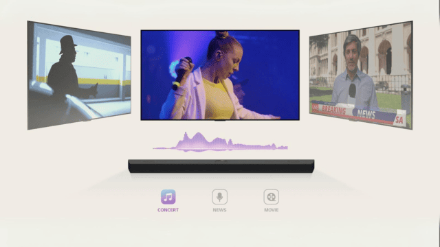 Tres pantallas muestran un concierto, noticias y una película, con una barra de sonido y controles de selección.