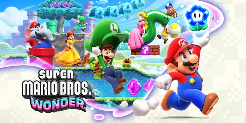 El arte muestra a Mario, Luigi, Peach y otros personajes del videojuego Super Mario Bros. Wonder sobre un fondo brillante.