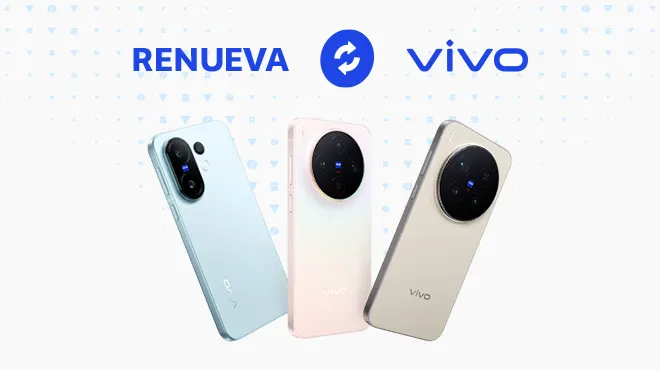Tres smartphones vivo en colores beige, rosa y azul claro flotando sobre fondo blanco con iconos azules, bajo logotipos Renueva y vivo, destacando módulo de cámara circular trasera.