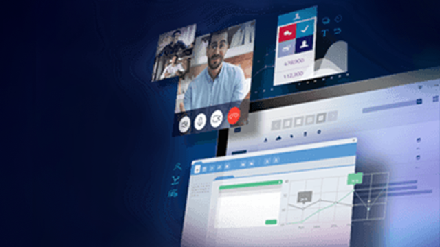 Pantalla de ordenador con ventanas de videoconferencia y gráficos sobre fondo azul oscuro.