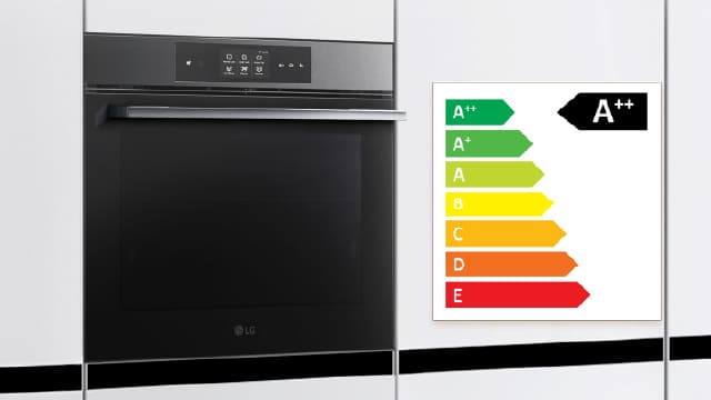 Horno empotrado negro entre muebles blancos, con etiqueta de eficiencia energética de la A++ (verde) a la E (rojo).