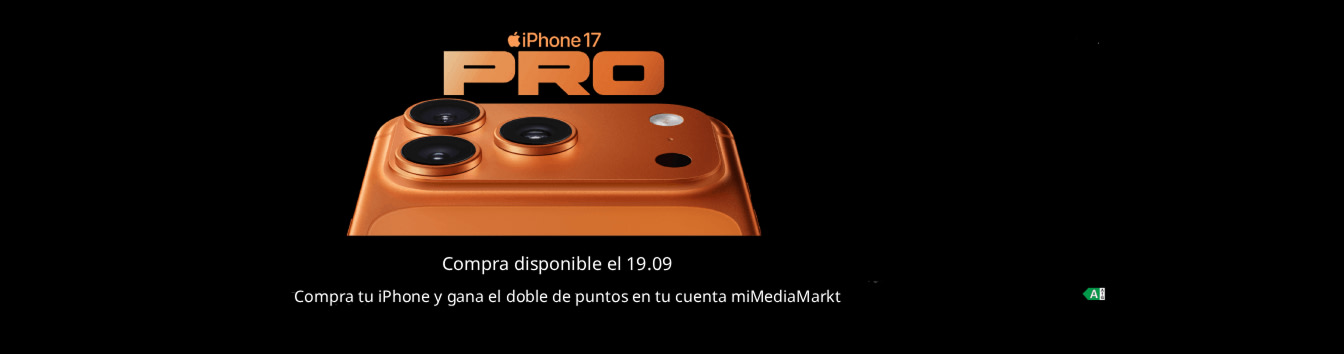 Banner promocional del iPhone 17 Pro: primer plano del módulo de triple cámara en color naranja cósmico sobre fondo negro. Texto en pantalla: “iPhone 17 PRO” y “Reserva disponible a partir del 12/09 a las 14h”.
