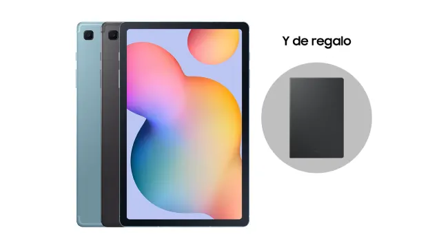 Dos tabletas y un estuche negro. Una tableta tiene una pantalla colorida. La otra tableta es gris. El estuche está dentro de un círculo.