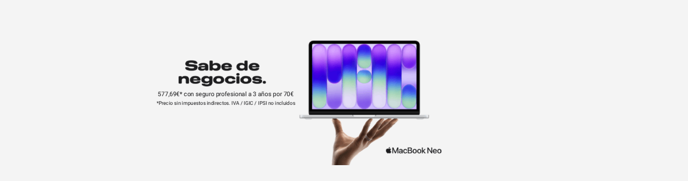 Mano sosteniendo MacBook Neo con pantalla degradada púrpura. Oferta: 577,69€ con seguro profesional a 3 años por 70€