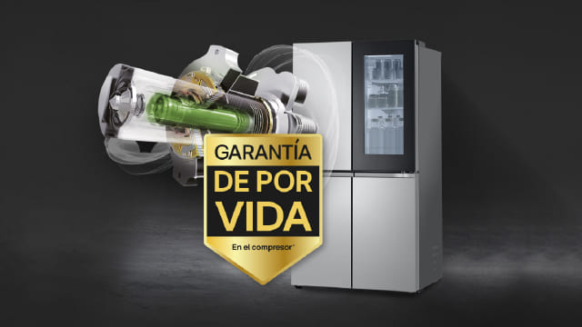 Refrigerador con compresor y escudo “Garantía de por vida sin el compresor”.