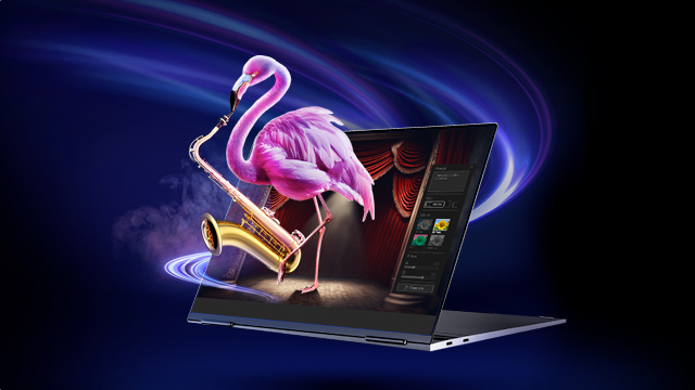 Un portátil con un flamenco rosado tocando un saxofón dorado y un cursor sobre un cuadro de diálogo azul.