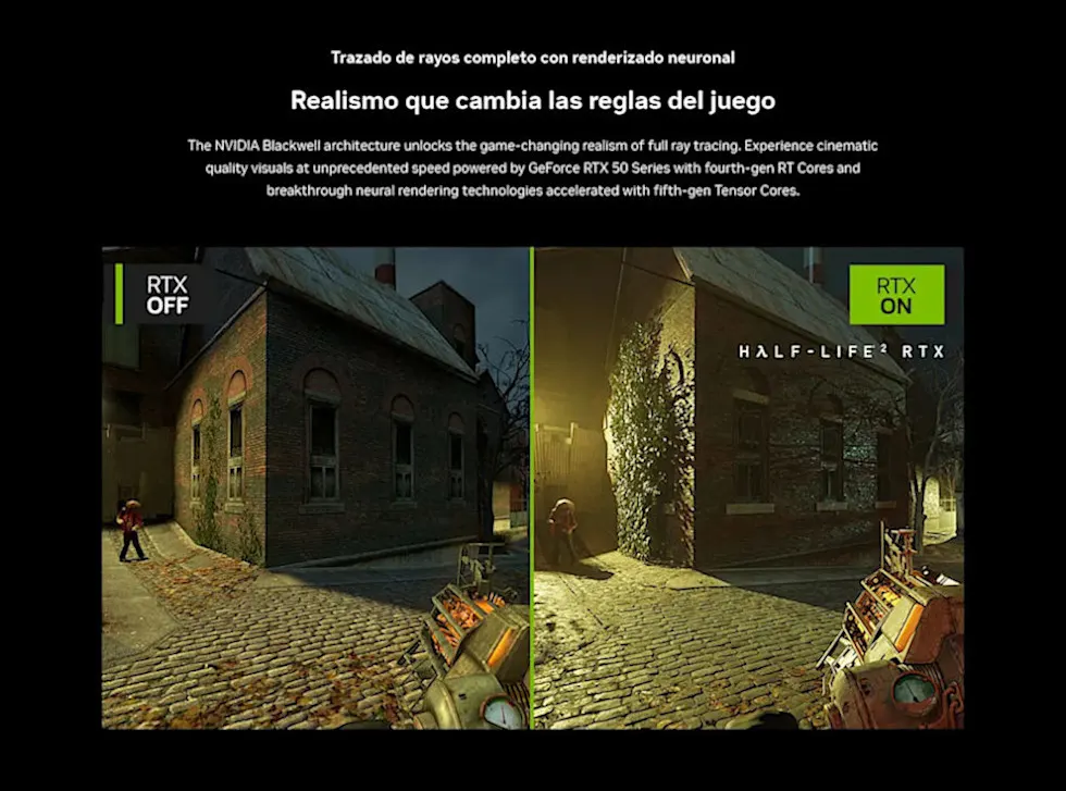 Comparación de Half-Life 2 con RTX desactivado y activado, mostrando mejoras gráficas con trazado de rayos.