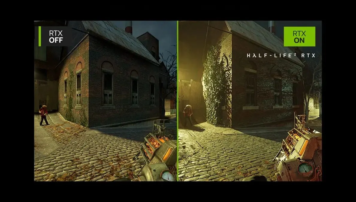 Dos escenas urbanas divididas verticalmente muestran edificios de ladrillo y adoquines. Una persona camina en cada lado, con gráficos RTX activados a la derecha.