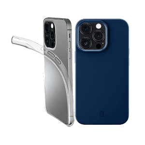 Se muestran 2 modelos de iPhone, uno con una funda transparente y el otro con una funda de color azul