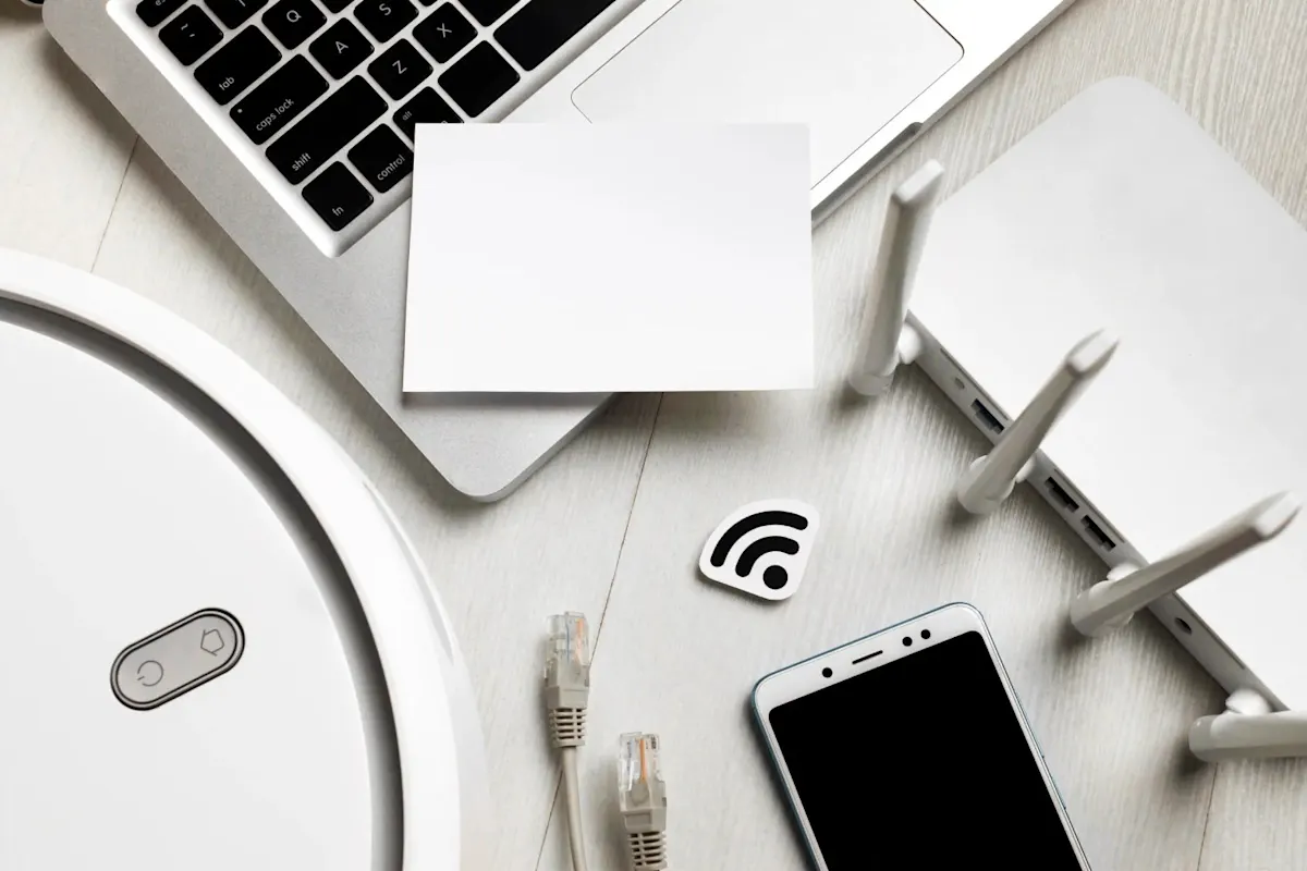 Disposición de dispositivos tecnológicos blancos: portátil, router con antenas, móvil, robot aspirador y cables Ethernet. Hay una nota blanca.